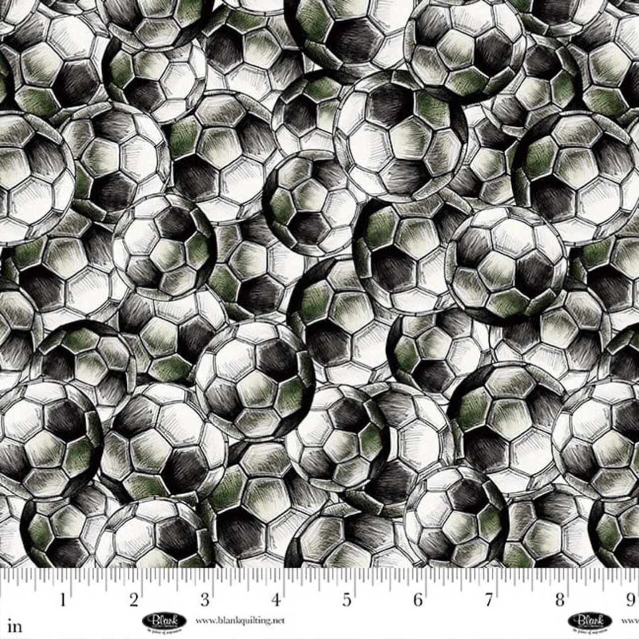 Fabric Blank Quilting Charcoal Soccer Ball Collage Goalbound by the Quarter Yard 4752-95